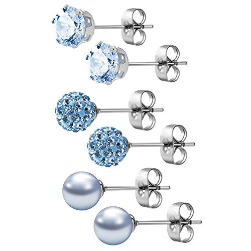 JewelrieShop Birthstone Studs Earring Set Cubic Zirconia Rhinestones Crystal Ball Faux Pearl Stainless Steel Stud Earrings for Women Jewelry Gift (6mm Round,3 Pairs) - color: 3) Mar. - Light Blue