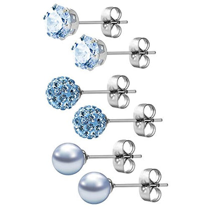 JewelrieShop Birthstone Studs Earring Set Cubic Zirconia Rhinestones Crystal Ball Faux Pearl Stainless Steel Stud Earrings for Women Jewelry Gift (6mm Round,3 Pairs) - color: 3) Mar. - Light Blue