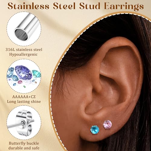 LOYALLOOK 12 Pairs Stainless Steel Cubic Zirconia Stud Earrings, Brilliant Cut Round CZ Earrings set, Birthstone Stud Earrings for Women - style: 5#: 4mm 12 pairs