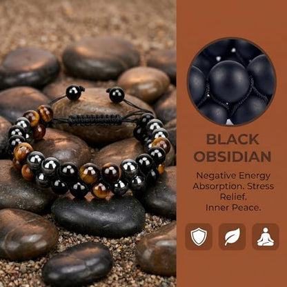 Triple Protection Bracelet & Healing Crystals Tiger Eye Beads Bracelet for Men Women, Natural Stone Bracelets for Men - style: Triangular Weaving Style - C