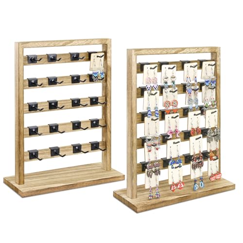 Ikee Design 2pcs Wood Jewelry Earring Display Rack 20 Removable Metal Hooks | Wooden 5 Tiers Jewelry Display Rack with Hooks: Comes with 20 removable metal hooks for earrings, earring cards, bracelets. - color: b) Oak, 2 Pieces