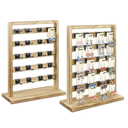 Ikee Design 2pcs Wood Jewelry Earring Display Rack 20 Removable Metal Hooks | Wooden 5 Tiers Jewelry Display Rack with Hooks: Comes with 20 removable metal hooks for earrings, earring cards, bracelets. - color: b) Oak, 2 Pieces