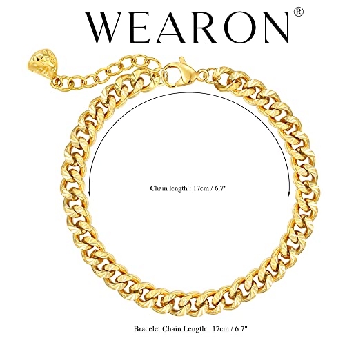 WEARON Gold Bracelet for Women 14K Gold Plated Snake Herringbone Figaro Cuban Bead Paperclip Cable Box Chain Simple Jewelry - style: Cuban Chain 6.7mm
