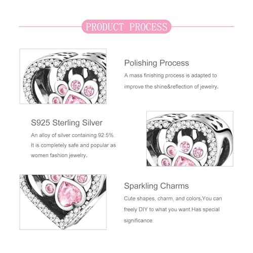 S925 Sterling Silver Cute Bead Charm for Pandora Bracelets and Necklaces | Lucky Clover Cute Animal Pink Bow Cherry Butterfly Pendant Bead Charms Jewelry Making Gifts for Women Valentines Mother's Day - style: Paw Print Heart Bead Charm