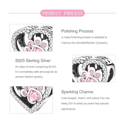 S925 Sterling Silver Cute Bead Charm for Pandora Bracelets and Necklaces | Lucky Clover Cute Animal Pink Bow Cherry Butterfly Pendant Bead Charms Jewelry Making Gifts for Women Valentines Mother's Day - style: Paw Print Heart Bead Charm