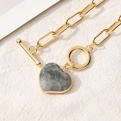 14K Gold Plated Two Sides Carved Stone Heart Shape Necklace for Women Love Pendant Necklace Jewelry for Daily and Gifts - color: Labradorite