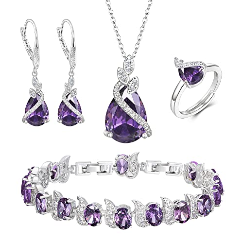 Jewelry Set for Bride, Sparkling Water Drop Cubic Zirconia Crystal Pendant Necklace Leverback Earrings Tennis Bracelet Adjustable Ring Gift for Wedding/Birthday/Mother's Day/Christmas - color: 02-Purple Silver-Tone
