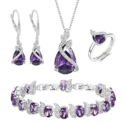 Jewelry Set for Bride, Sparkling Water Drop Cubic Zirconia Crystal Pendant Necklace Leverback Earrings Tennis Bracelet Adjustable Ring Gift for Wedding/Birthday/Mother's Day/Christmas - color: 02-Purple Silver-Tone