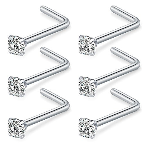 Briana Williams Nose Studs Nose Rings for Women 18G 20G Corkscrew Nose Ring Stainless Steel Nose Screw Studs Nose Rings Studs Surgical Steel Nostril Nose Piercing Jewelry - color: A -6pcs, 2mm CZ