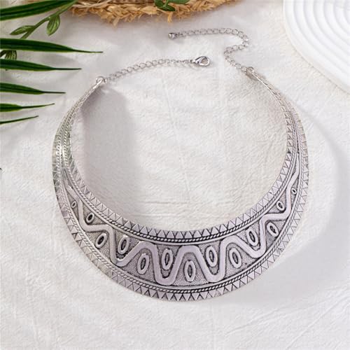 Chunky Gold Necklace Big Statement Chunky Necklace for Women African Tribe Wide Metal Choker Necklaces Jewelry - color: 09 Silver
