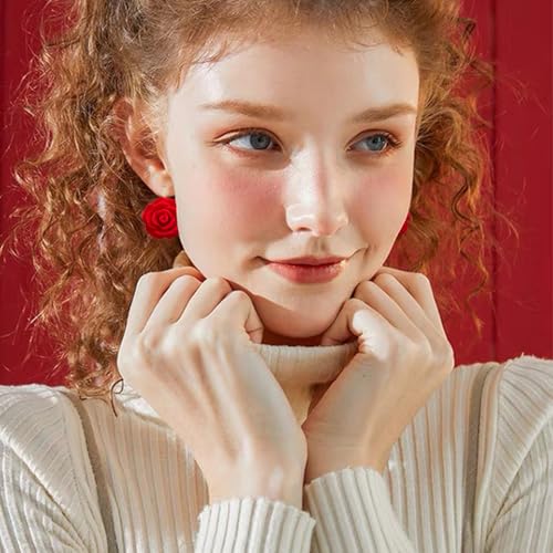 Handmade Bohemian Aesthetic Dainty Acrylic Flower Petal Leverback Earrings Sparkly 14K Gold Floral Dangle Drop Earrings for Women - color: Bright Red
