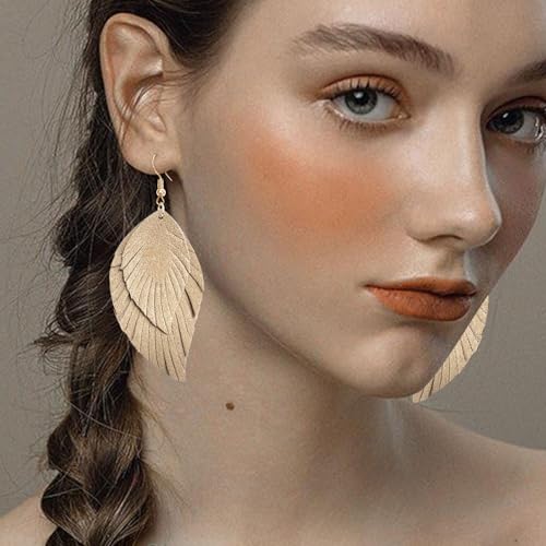 Handmade Bohemian Large Soft Genuine Leather Fringe Double Feather Dangle Drop Earrings Lightweight Simple Color PU Leaf Hook Earrings for Women - color: khaki