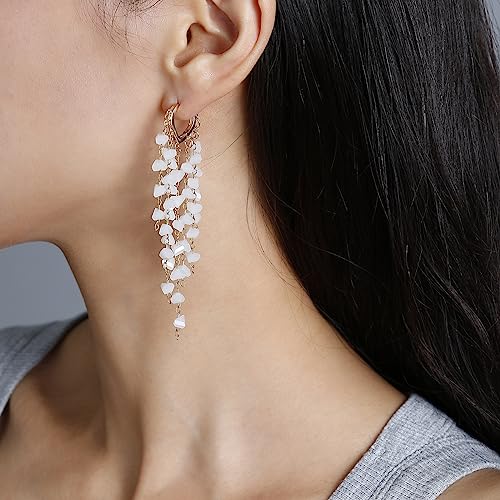 Fringe Hoop Dangle Earrings, Long Beads Tassel Chain Earrings for Women Sparkly Chandelier Earrings - color: White