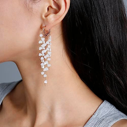 Fringe Hoop Dangle Earrings, Long Beads Tassel Chain Earrings for Women Sparkly Chandelier Earrings - color: White