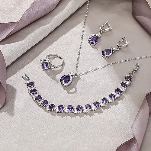 EVER FAITH Wedding Jewelry Set for Bride Bridesmaid, Glamour Teardrop Cubic Zirconia Pendant Necklace Earrings Tennis Bracelet Open Ring Sets for Birthday/Valentine's Day/Mother's Day/Christmas - color: A_Purple Silver-Plated-Brass