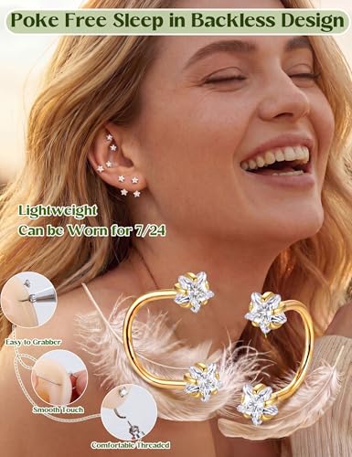 ORAZIO Half Huggie Earrings Jacket Pack for Women Backless Hoop Earring 18G | Hypoallergenic Surgical Steel Arc Hoop Backless No Back Stacks Set Small CZ Screwback Studs Jewelry Gift for Women Men Trendy - color: Gold Plated-Style1 Star