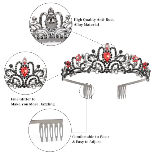 Gothic Tiara for Women, Black Red Crystal Crown, Tiara with Combs - color: Gunmetal