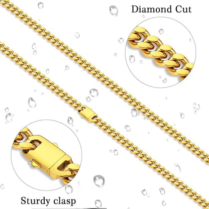 Fiusem Silver Tone/Black/14K Gold Plated Chain Necklace for Men, 5mm/6mm/7.5mm/8mm/9mm Stainless Steel Cuban Link Chain Necklace, Men's Chains 18-28 Inch Jewelry Gifts - size: 22", style: 5mm gold