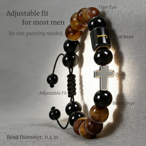 Initial Mens Bracelet with Cross - Religious Faith Beaded Bracelt Gift for Him Man Male Friend, Adjustable Tiger Eye Black Onyx Beads Braclet for Birthday Confirmation Sponsor Anniversary - color: Braided Rope-J