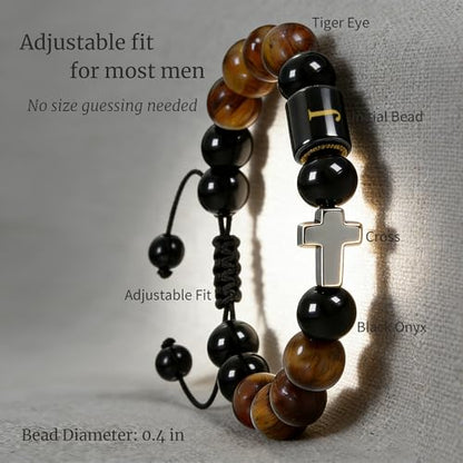 Initial Mens Bracelet with Cross - Religious Faith Beaded Bracelt Gift for Him Man Male Friend, Adjustable Tiger Eye Black Onyx Beads Braclet for Birthday Confirmation Sponsor Anniversary - color: Braided Rope-J