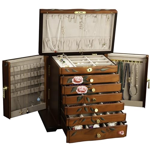 Hand-Painted Solid Wood Jewelry Box for Women, Large Vintage Organizer | Xloverise Wooden Locking 10-Layer Large Capacity Jewelry Boxes & Organizer,Storage, Necklace Hooks, Watch Pillows, Gifts - style: Vintage（HP）