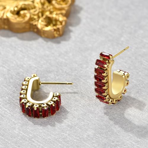 Green Crystal huggie gold hoop earrings for women Girls,14K Gold Plated with 925 Sterling Silver Post color Cubic Zirconia dainty cute Earrings| CZ Stud Earring - color: Red stone