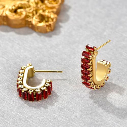 Green Crystal huggie gold hoop earrings for women Girls,14K Gold Plated with 925 Sterling Silver Post color Cubic Zirconia dainty cute Earrings| CZ Stud Earring - color: Red stone