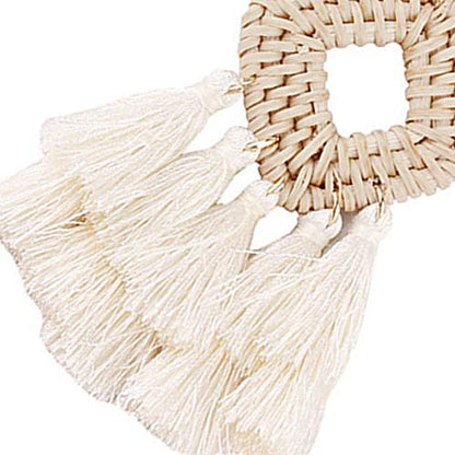 Bohemia Tassel Earrings Statement Handmade Dangle Ethnic Fringe Earrings Bamboo Weaving Geometric Square Sector Gifts for Women - color: A white