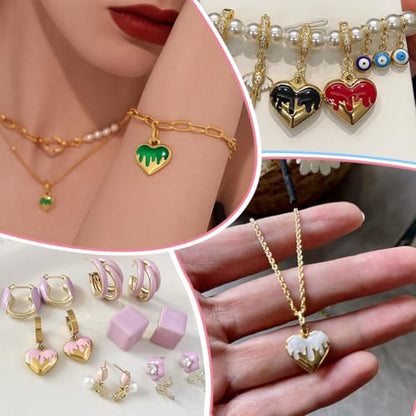 PH PandaHall 9pcs Heart Pendants, 9 Colors Golden Stainless Steel Charm 3D Love Heart Dangle Colorful Enamel Charms for Jewelry Findings Necklaces Bracelets Making