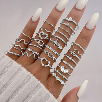 CHICUTIE Gold Knuckle Rings Set For Women Stackable Joint Finger Midi Rings Dainty Cubic Crystal Zirconia Simple Hollow Twist Cute Rings Pack Jewelry Gift - style: 52pcs Silver