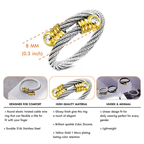 555Jewelry Stainless Steel Twisted Cable CZ Adjustable Open Ring for Women & Ladies - color: Silver & Gold