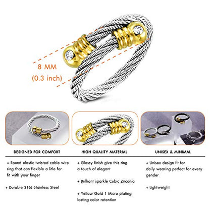 555Jewelry Stainless Steel Twisted Cable CZ Adjustable Open Ring for Women & Ladies - color: Silver & Gold
