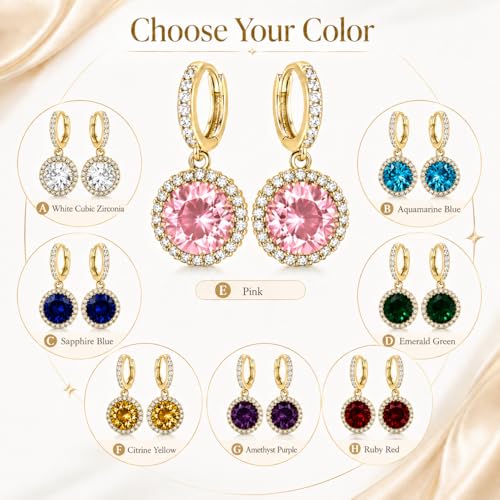 14K Gold Plated Hoop Dangle Earrings for Women, Hypoallergenic Colorful Cubic Zirconia Drop Earrings, Lightweight Huggie Earrings for Women - color: Gold/Pink