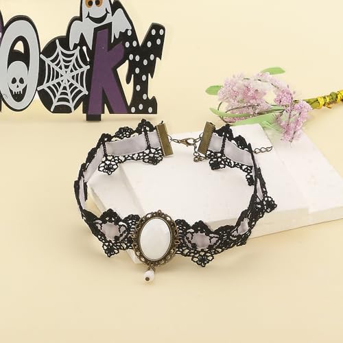 CSIYANJRY99 Gothic Choker Necklace for Women Halloween Red Crystal Vampire Choker Steampunk Lace Choker Witch Costume Accessories - style: White