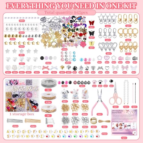 Wurosi 945PCS Bag Charm Kit Gold & Silver,Bag Charm Craft Supplies | Charms Lip Gloss Keychain Making Kit,Perfect DIY Jewelry Crafts Party, or Family Activity & Gift for Adults - color: 945 Pcs Gold+Silver Keychain Kit