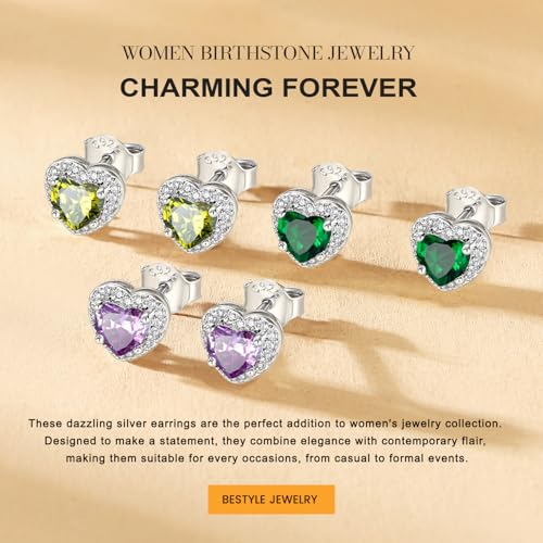 Bestyle 8mm Small Birthstone Earrings for Women with Hypoallergenic Sterling Silver Post,Sparkle Heart/Round Womens Studs Earrings, Great Birthday/Christmas/Anniversary Jewelry for Wife Mother - color: 05. May Emerald-Heart