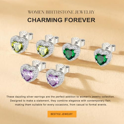 Bestyle 8mm Small Birthstone Earrings for Women with Hypoallergenic Sterling Silver Post,Sparkle Heart/Round Womens Studs Earrings, Great Birthday/Christmas/Anniversary Jewelry for Wife Mother - color: 05. May Emerald-Heart