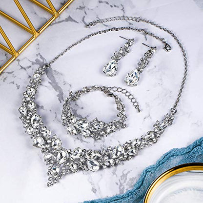 Wedding Bridal Jewelry Set for Women Bride Bridesmaids | Gorgeous Austrian Crystal Teardrop Cluster Statement Necklace Dangle Earrings Link Bracelet Set Prom Jewellery - color: 09-Clear Rhodium-Tone