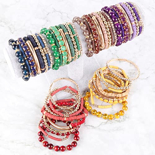 RIAH FASHION Multi Color Stretch Beaded Stackable Bracelets - Layering Bead Strand Statement Wrap Bangles - color: Boho Mix - Green, size: 7.0 Inches Length