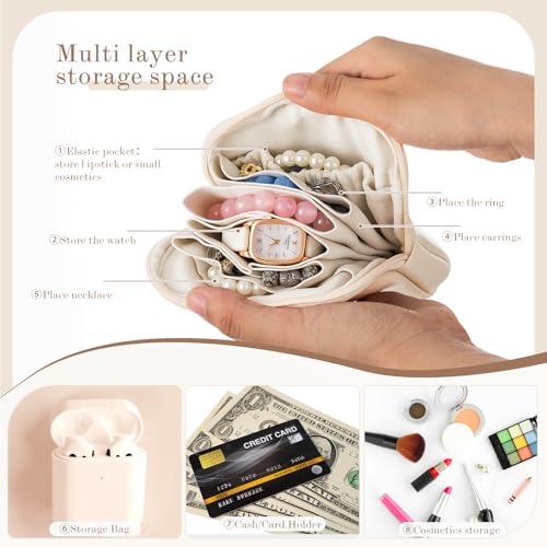 2 Pcs Small Travel Jewelry Case Bridesmaid Gift for Bachelorette Wedding Day, Mini Jewelry Pouch Organizer Bag with Zipper, Portable Waterproof Velvet Jewelries Bag for Rings, Necklaces (Beige)