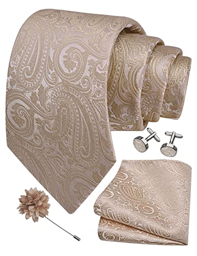 GUSLESON 3.15"（8cm） Mens Tie and Lapel Pin Paisley Necktie Hankerchief Cufflinks Set for Men - color: Champagne