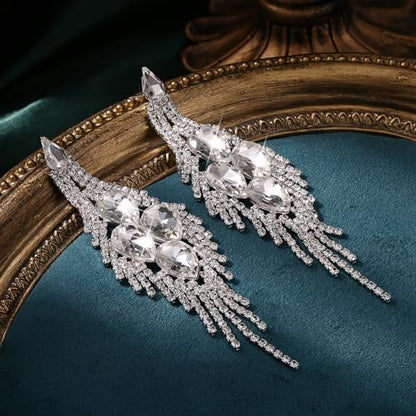 Rhinestone Bridal Jewelry Set for Women Earrings Bracelet Ring | Sparkling Rhinestone, Stretch Bracelet Ring, Dangle Tassel Earrings Set, Costume Jewelry, Rhinestone Jewelry Set for Women - style: Set 2