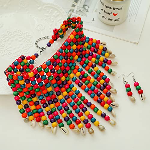 Wooden Beaded Seed Bib Necklace and Earrings Set for Women,Statement African Boho Layering Chunky Collar Choker Set - color: Red
