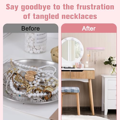 SCUNDA Wall Mounted Necklace Holder, Morden Style Necklace Holder, Tangle Free Wall Jewelry Organizer with 28 Hooks(2 Packs,Pink) - color: Pink