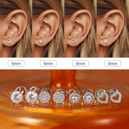 SAILIMUE Hypoallergenic Sterling Silver Stud Earrings for Women Men | Brilliant Heart Knot Round Cubic Zirconia Earring Studs for Sensitive Ears Gold Silver Tone - color: silver-D