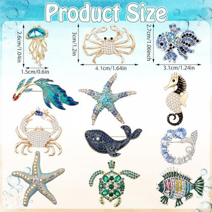 12 Pcs Women Brooches Bulk Vintage Rhinestone Pin Set - style: Ocean