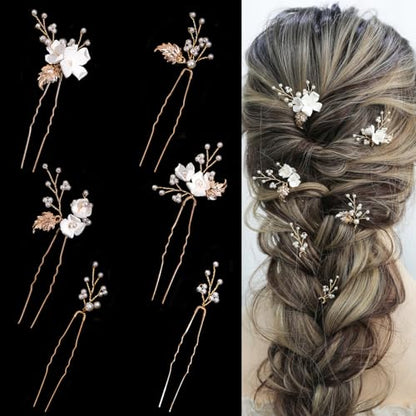 Handmade Pearl Bridal Wedding Hair Pins 6Pcs White Flower Gold Leaf Pearls Clips Bridal Hair Accessories for Women Brides Bridesmaid - color: Gold / Pearl White Flower