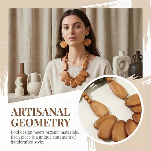 Coiris Chunky Wooden Necklace and Earring Set for Women Boho Statement Jewelry Ethnic Accessories - color: Wood