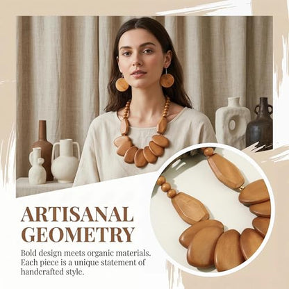 Coiris Chunky Wooden Necklace and Earring Set for Women Boho Statement Jewelry Ethnic Accessories - color: Wood