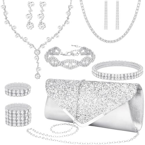 NEWITIN Purse Rhinestone Jewelry Set for Women Prom Jewels Crystal Clutch Purse Necklaces Rings Bracelets Earrings Gold Silver Jewelry Set for Women Bride - color: 11 Pieces Silver